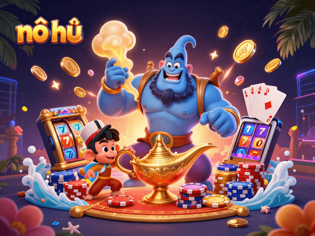 Experience nổ hũ excitement with a genie, magic carpet, and poker chips in a vibrant casino scene.