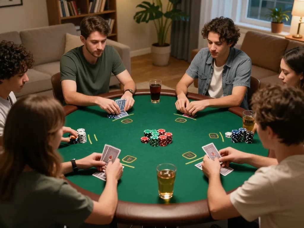 Twin68 players enjoying a thrilling poker game at home with friends, showcasing chips and cards.