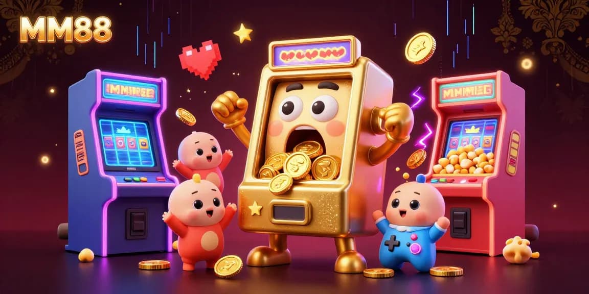 Celebrate wins with MM88 as golden coins pour from a joyful slot machine, surrounded by vibrant game machines.