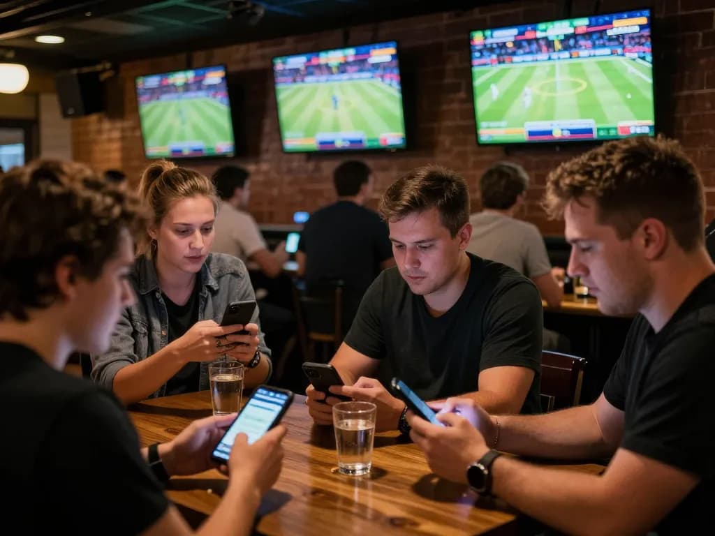 Betting excitement at nhandinhkeonhacai as patrons engage in live sports betting at a bustling sports bar