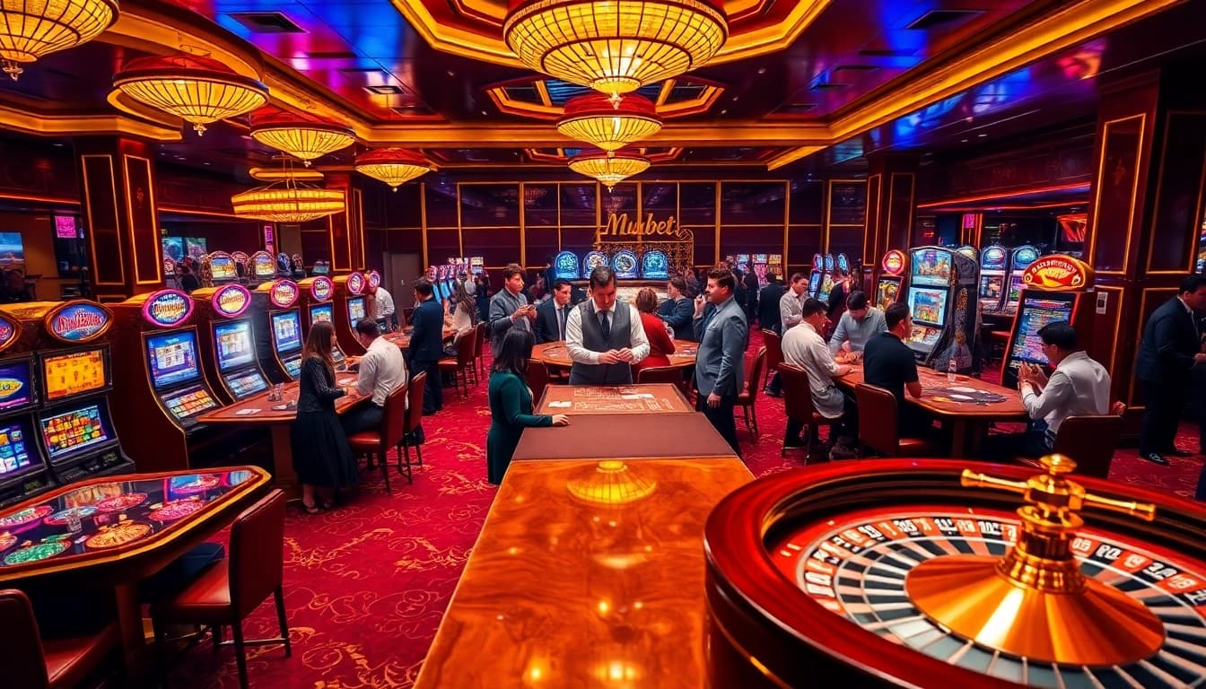 Mubet players engaging in a thrilling casino game at a luxurious table.
