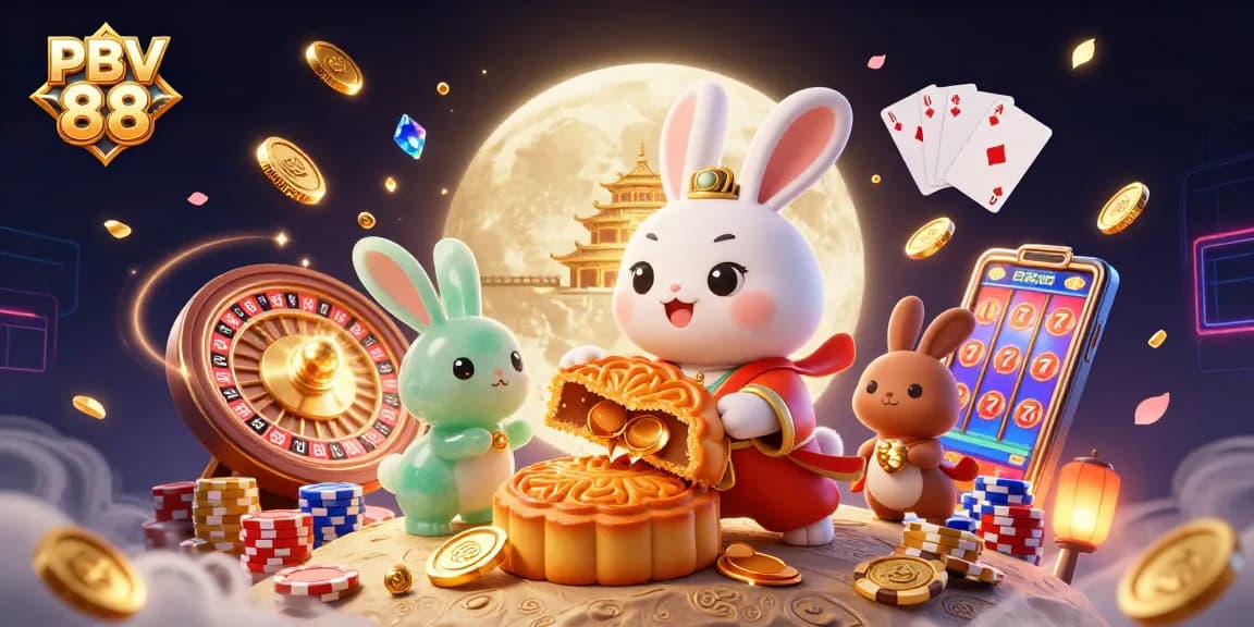 Experience the thrill of PBV 88 as a moon rabbit reveals poker chips while surrounded by casino elements.