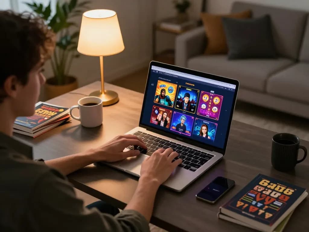 Engaging with mu88 online casino on laptop, showcasing vibrant game options in a cozy setup