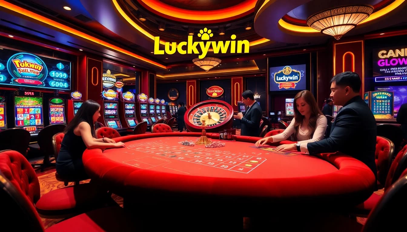 Luckywin casino players enjoying vibrant gaming tables and slot machines.