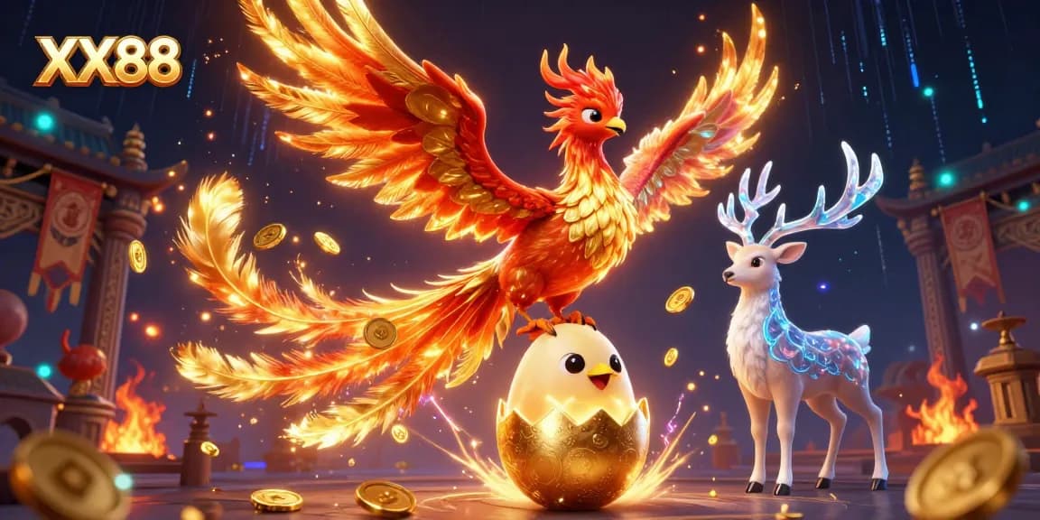 Experience the thrill of XX88 with dynamic phoenix and stag in a vibrant casino scene