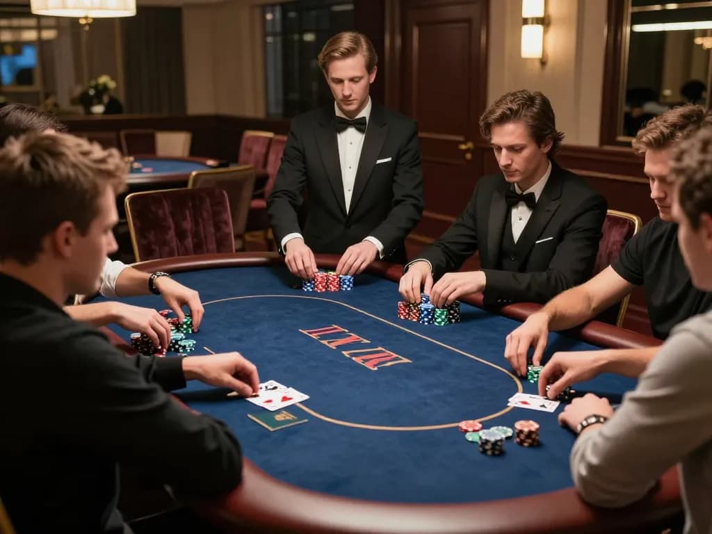 lapak303 active poker game with focused players and elegant dealer in luxury environment