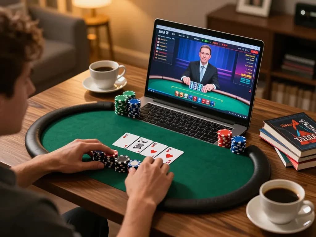 Player engaging in an online poker game on a laptop, showcasing the excitement of VA88 gaming sessions.