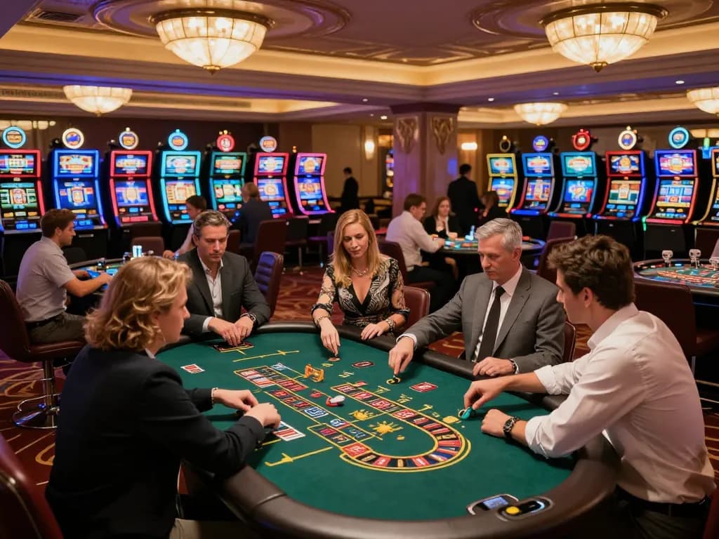 Excited players engaging in dynamic gambling activities at a casino, showcasing thrill with luck88 games.