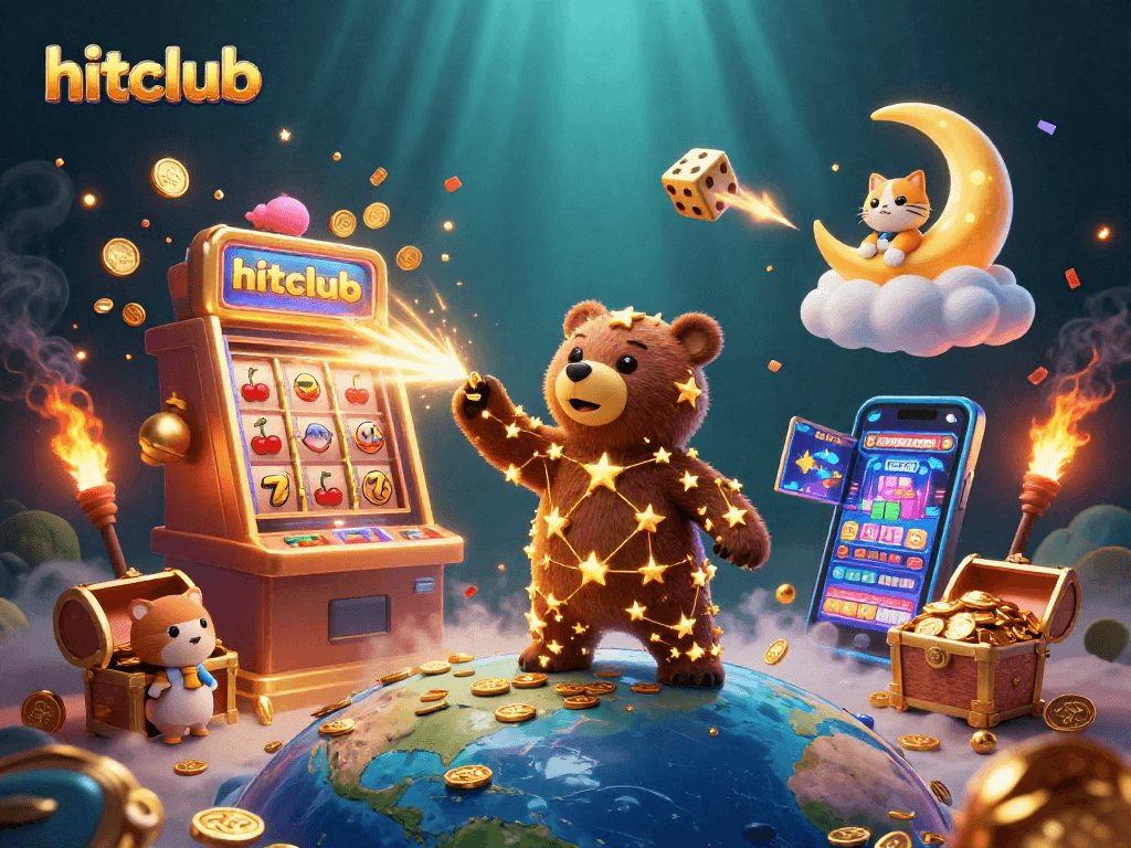 Engage with hitclub as a constellation bear collects coins amidst dynamic casino excitement.