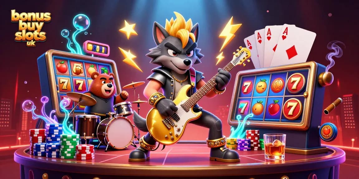 Engage with bonus buy slots UK, featuring a dynamic scene of a rock star wolf and drummer bear amidst vibrant casino elements.