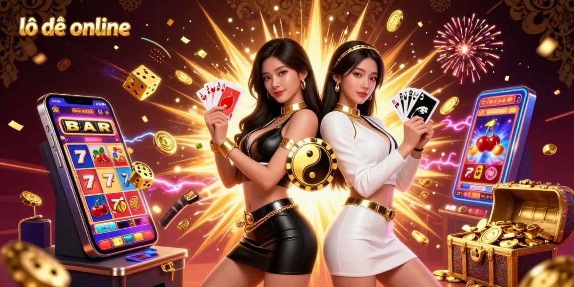 Engage with lô đề online as twin players triumph with golden cards and casino vibes.