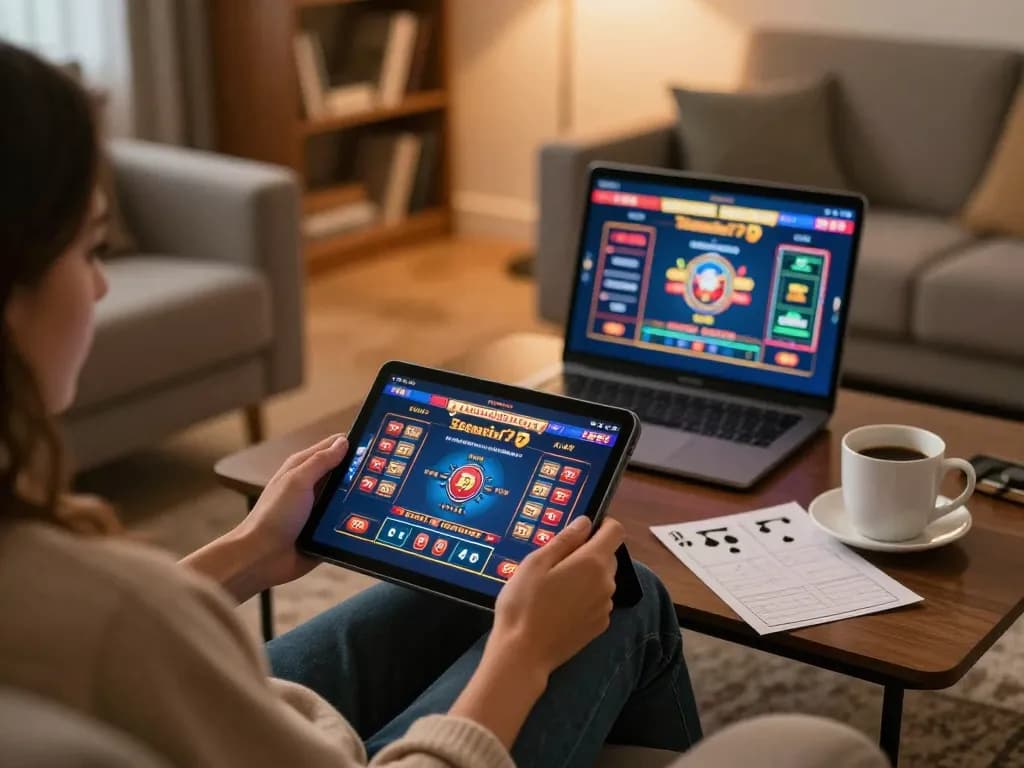 Enjoying an exciting poker game at home on 789win777, a cozy setup with strategy notes and a tablet screen.