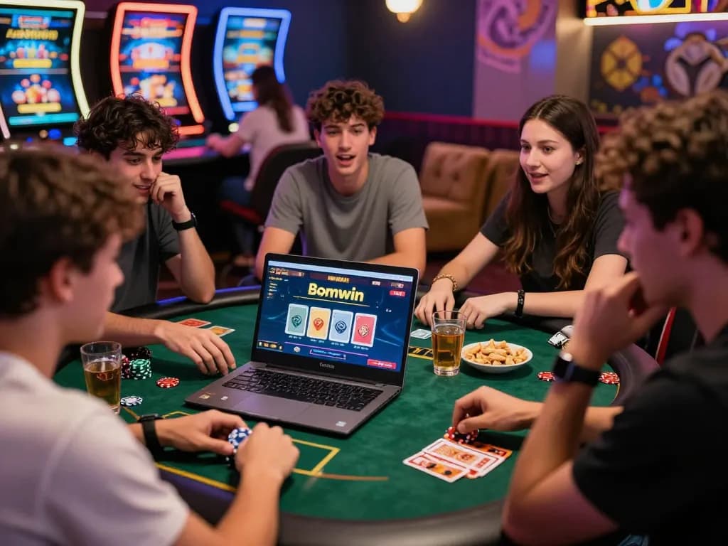 Excited players immersed in Bomwin online gaming platform, vibrant atmosphere showcasing virtual cards and snacks.