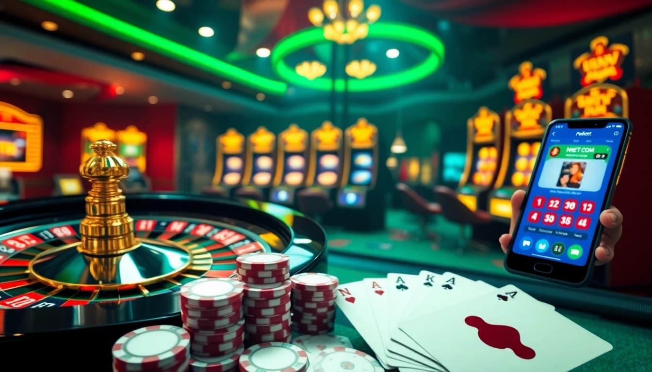 Engage with high-stakes gaming at nbet. com, featuring roulette and poker chips in a luxurious casino setting.