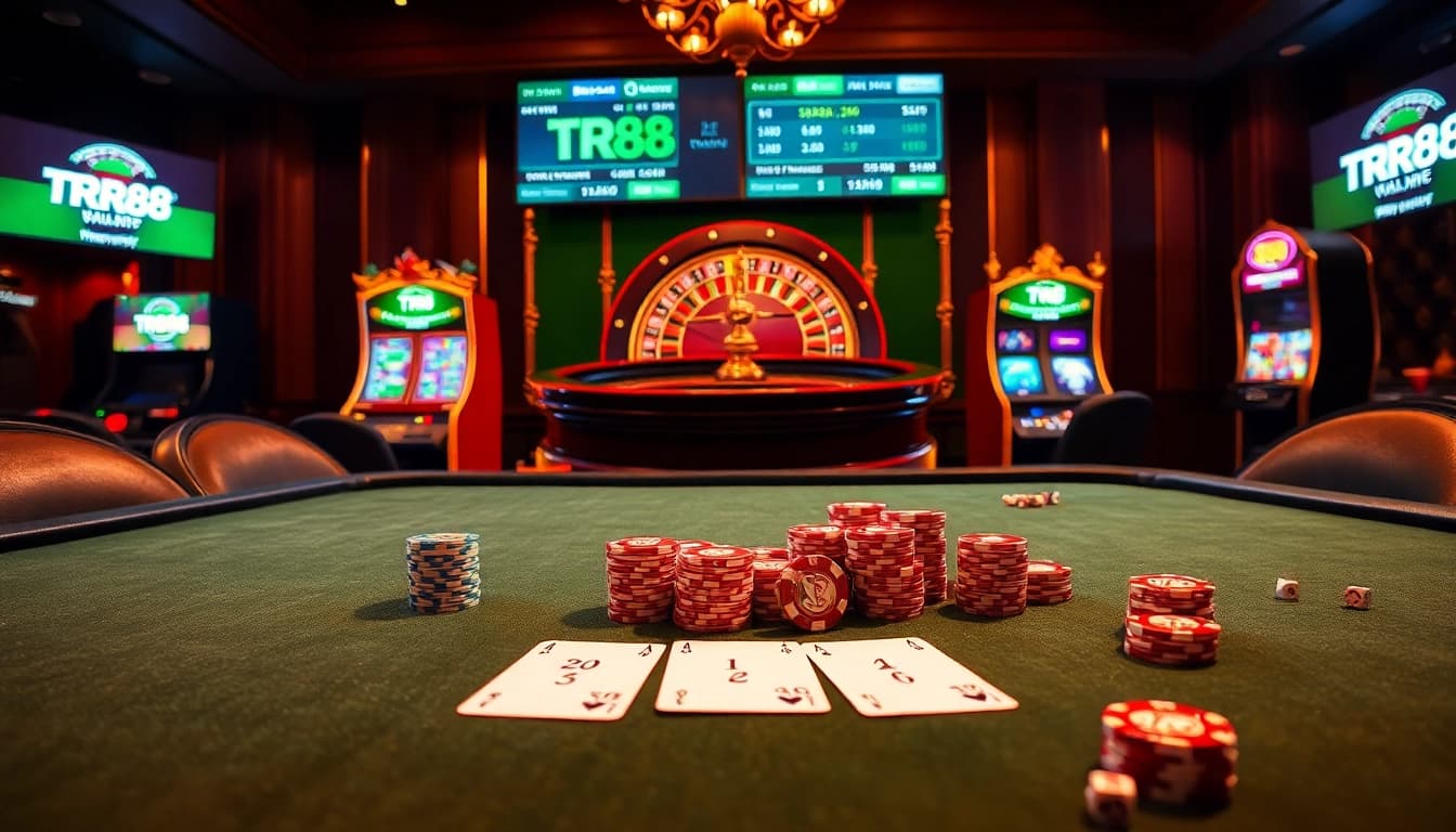 Exciting TR88 casino scene featuring poker chips and a roulette wheel in a glamorous setting.