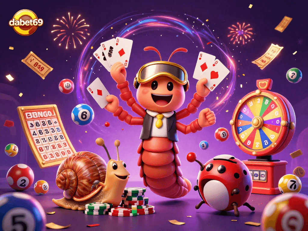 Dabet69's exciting casino scene featuring a millipede dealer, snail high-roller, and lottery elements.