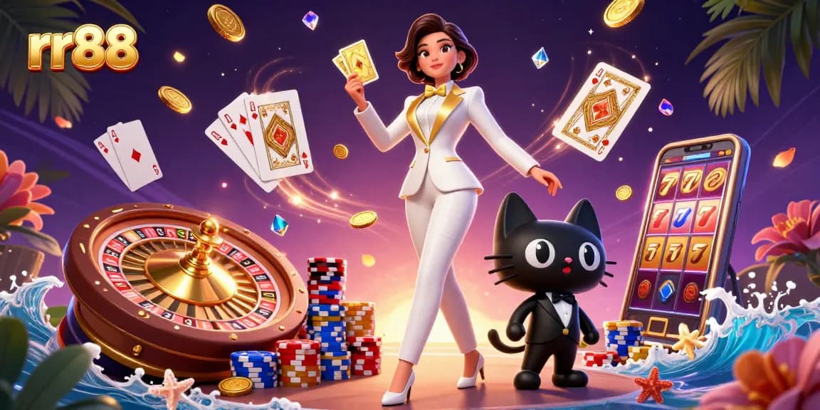 rr88 showcases a glamorous woman in a tuxedo shuffling golden cards amidst vibrant casino elements.
