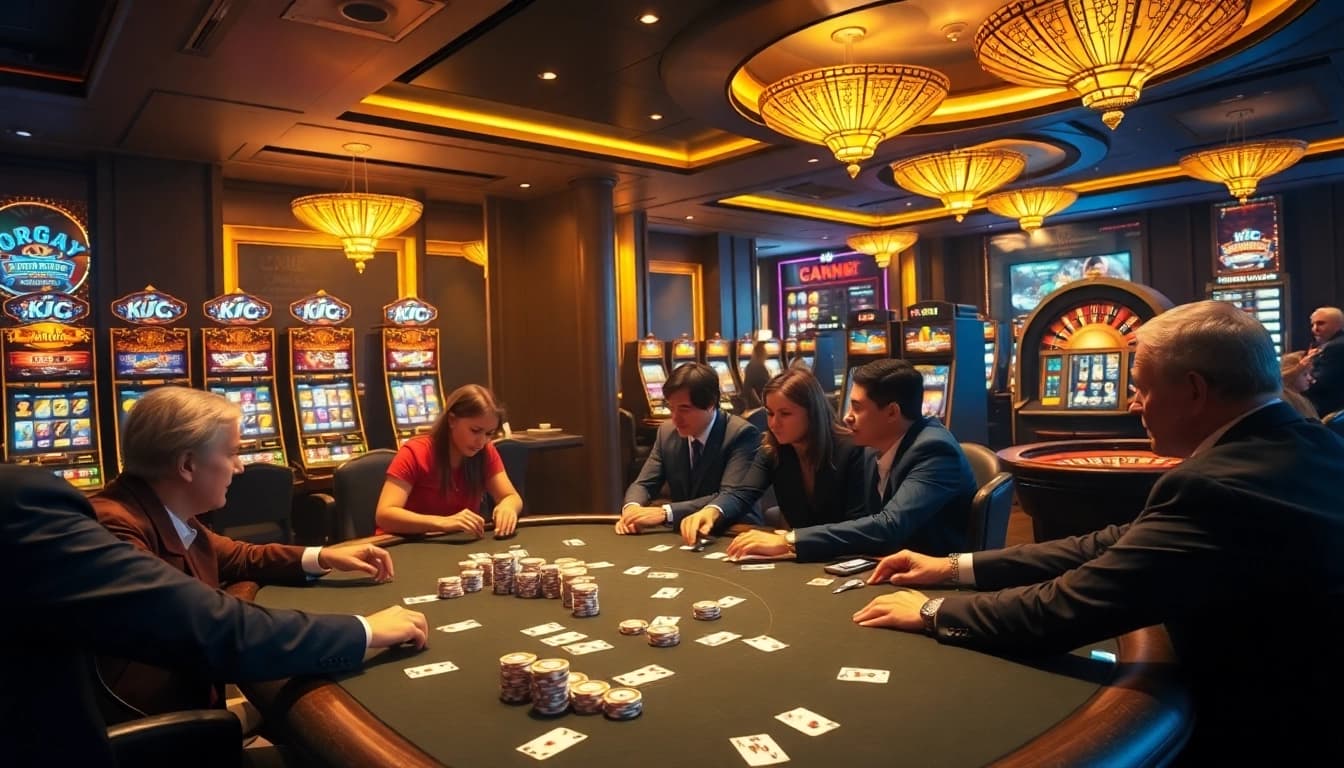 KJC players enjoying a thrilling poker game with branded chips at a sophisticated casino.