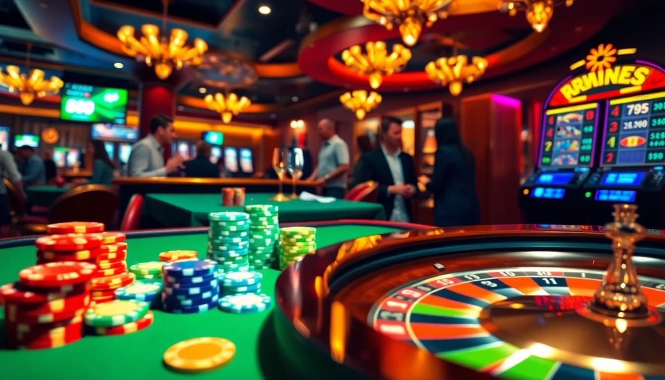 Experience the high-stakes action of bj38 with players at casino tables and dazzling slot machines.