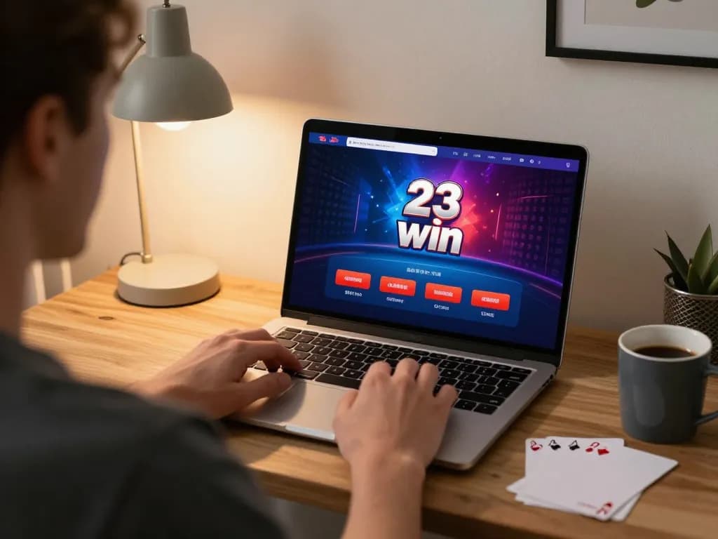 Engaged player using 23win platform on laptop, enjoying a cozy online gaming experience.