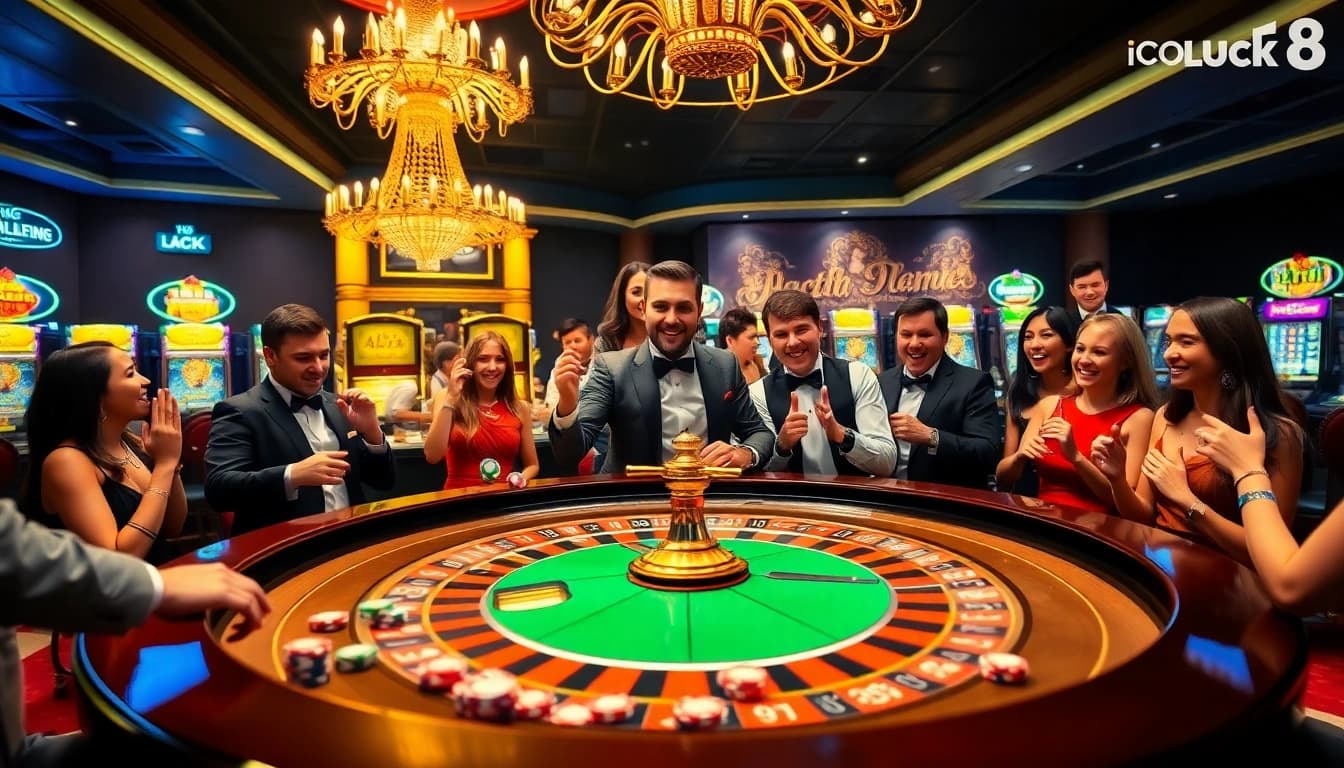 Experience the excitement of luck8 with a dynamic casino scene featuring roulette and poker chips.