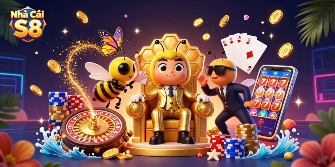 Engage with Nhà Cái S8 showcasing a thrilling 3D casino scene filled with sparkling gems and golden coins