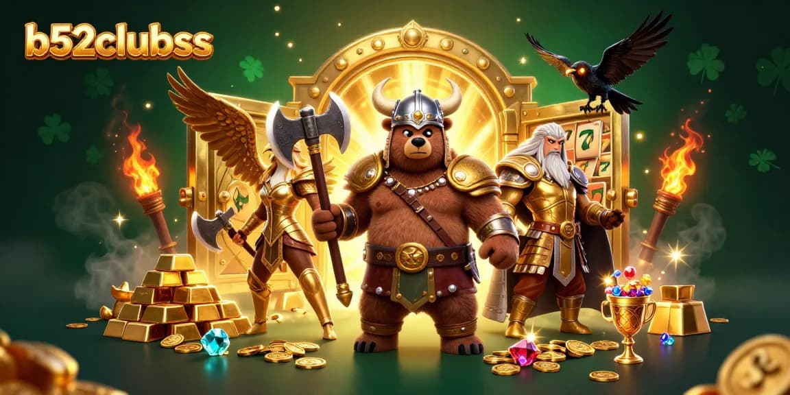 Engage with thrilling b52clubss casino adventures, featuring an epic Viking bear and Valkyrie in a lavish treasure scene.