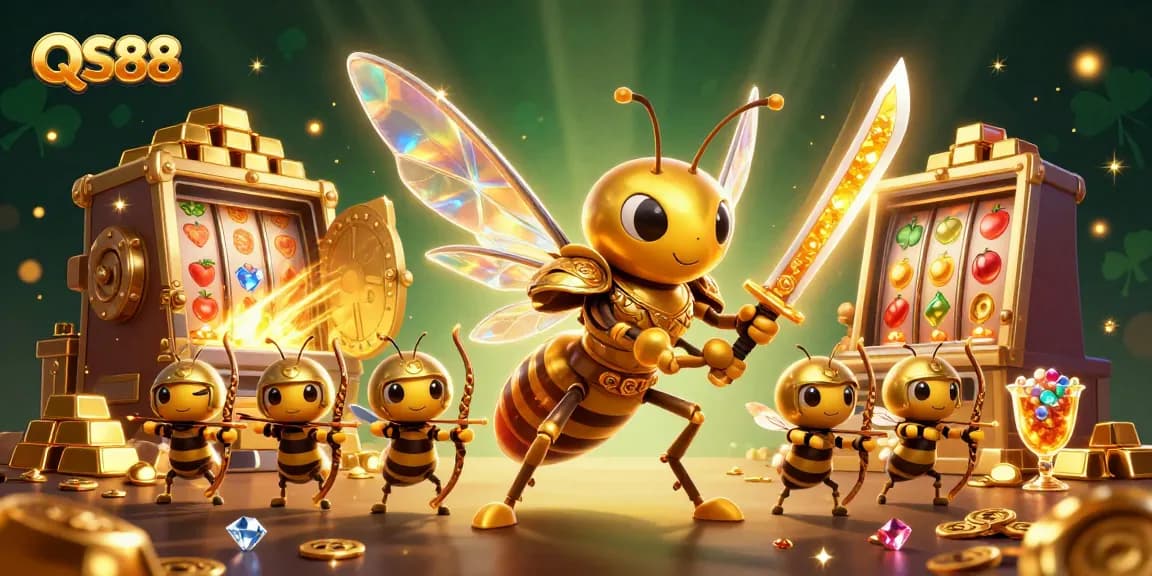 Experience the thrill of winning at QS88 with a vibrant casino scene filled with golden treasures and animated characters.