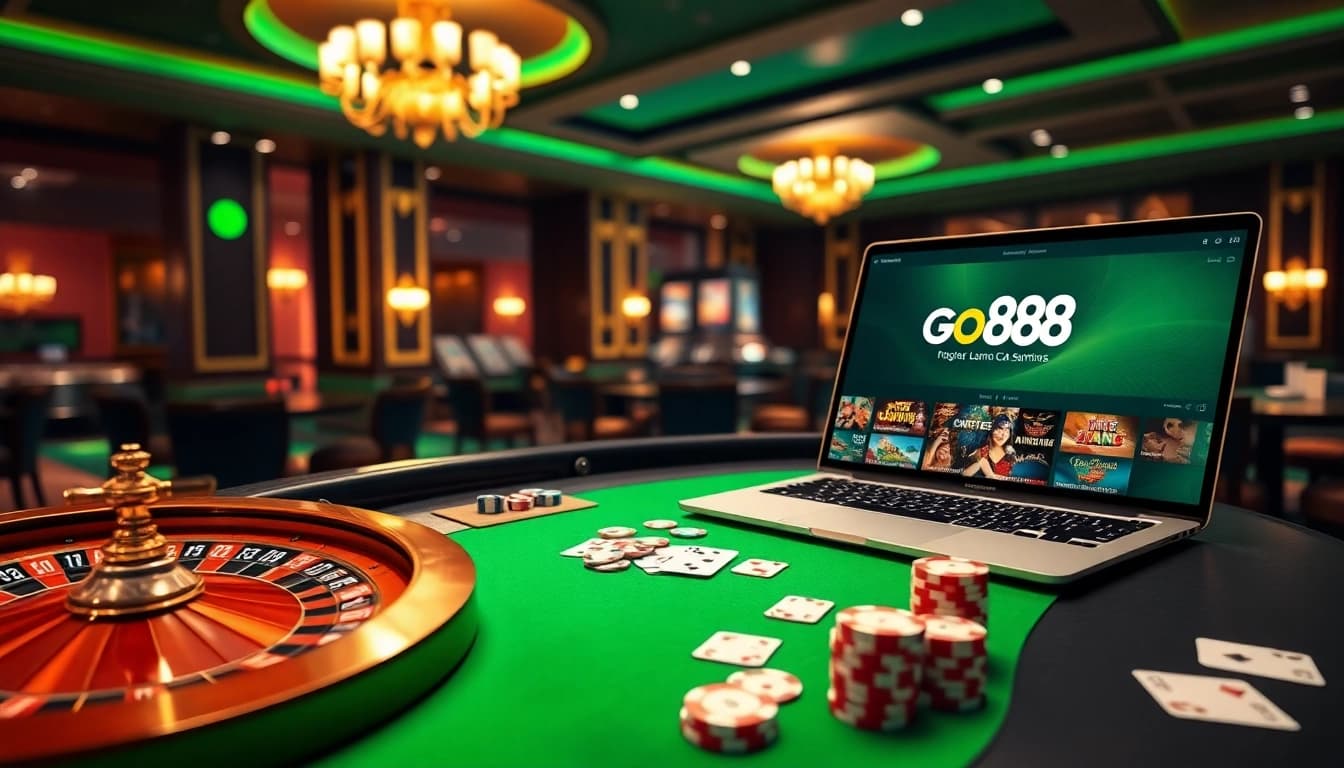 Experience the luxury of gambling at nhà cái go88 with immersive online casino visuals featuring poker chips, cards, and roulette.