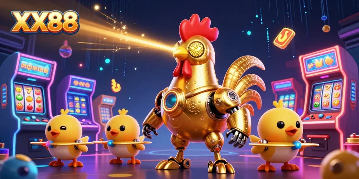 Engage with XX88's golden rooster robot and dynamic gaming ambiance for an exciting casino experience.