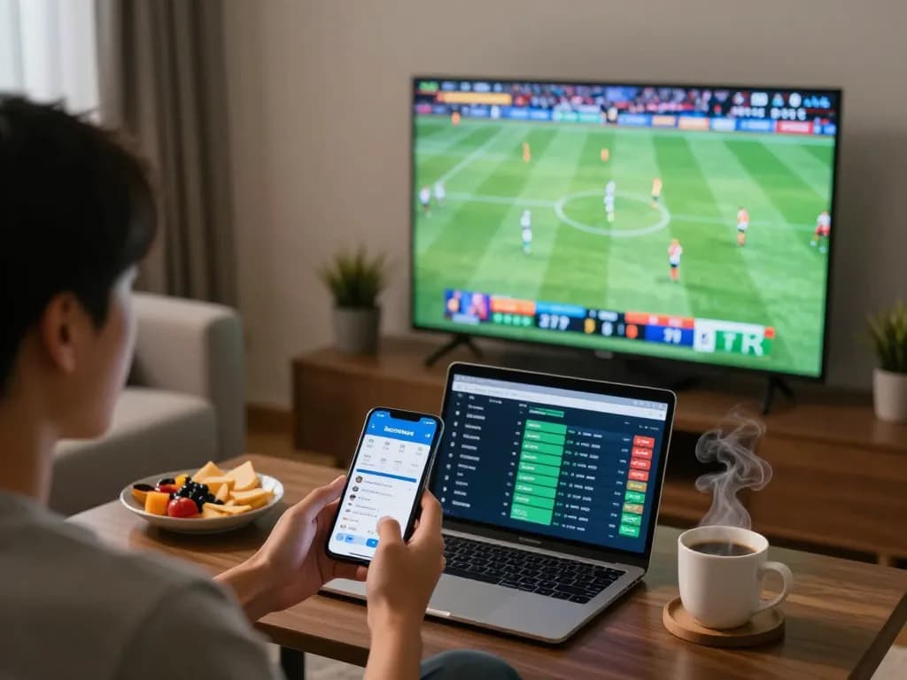 Excited bettor using keonhacai app while watching live football match at home