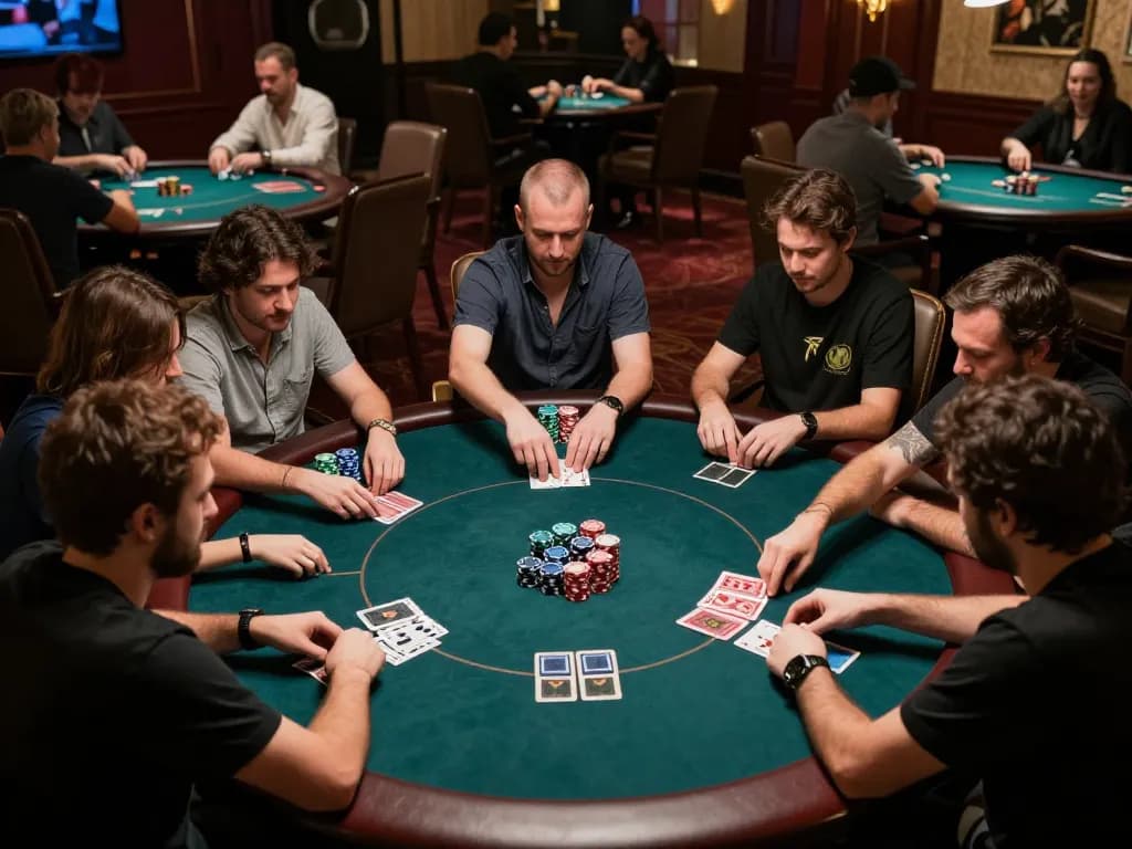 Players engage in a high-stakes poker game at a luxurious casino while resultsfootball impacts betting strategies.