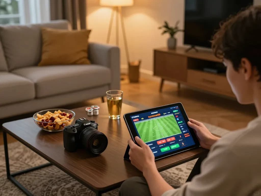 Person engaging in sports betting on keonhacaii88 using a tablet in a cozy living room.
