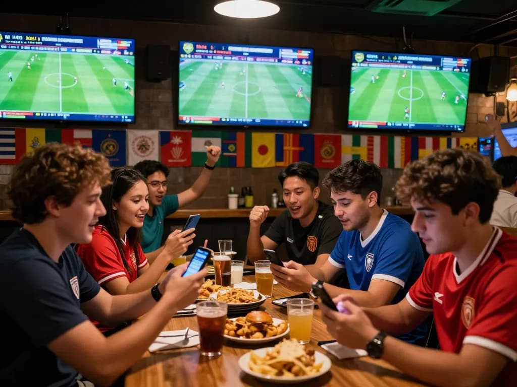 Thrilling group of friends enjoying keonhacai5 betting experience in a lively sports bar