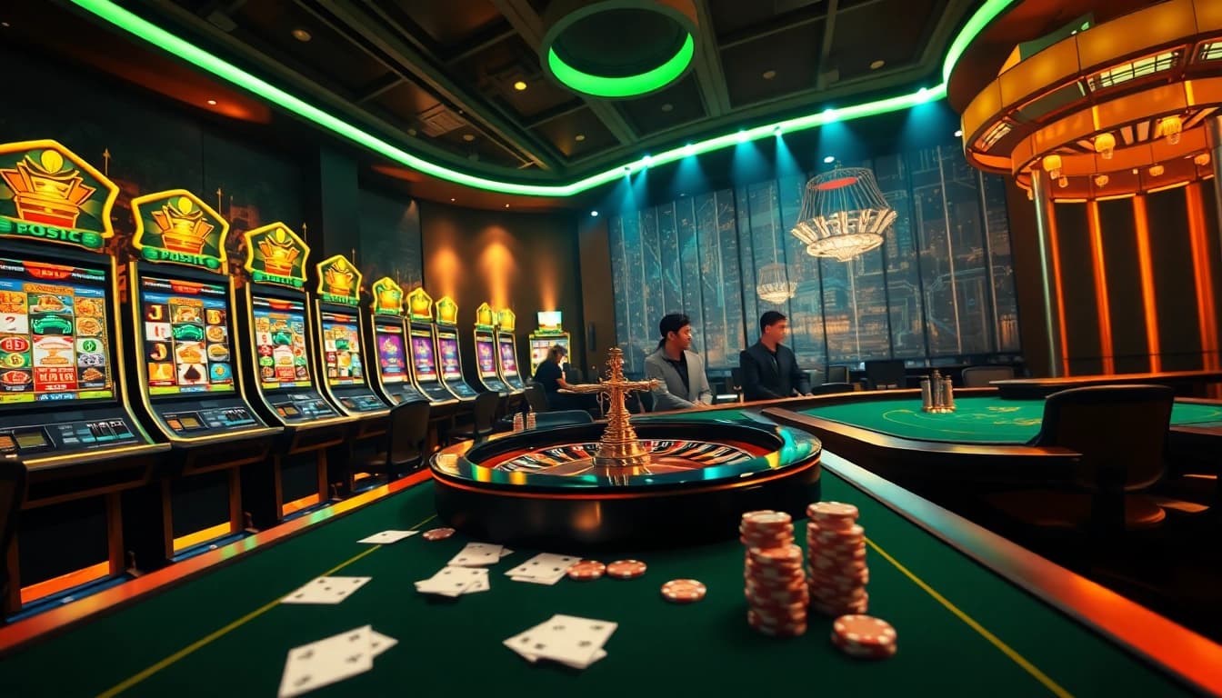 Experience the excitement of online gambling with tg88 link, featuring a vibrant casino scene of slot machines and poker tables.