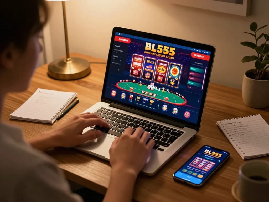 Engaging in strategic online gaming on BL555's platform with a cozy setup and vibrant interface.