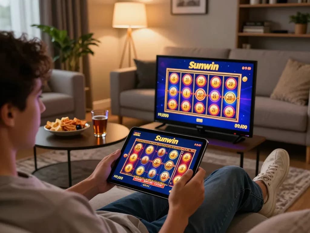 Enjoying online slot games with Sunwin app in a cozy home setup that enhances gaming experience