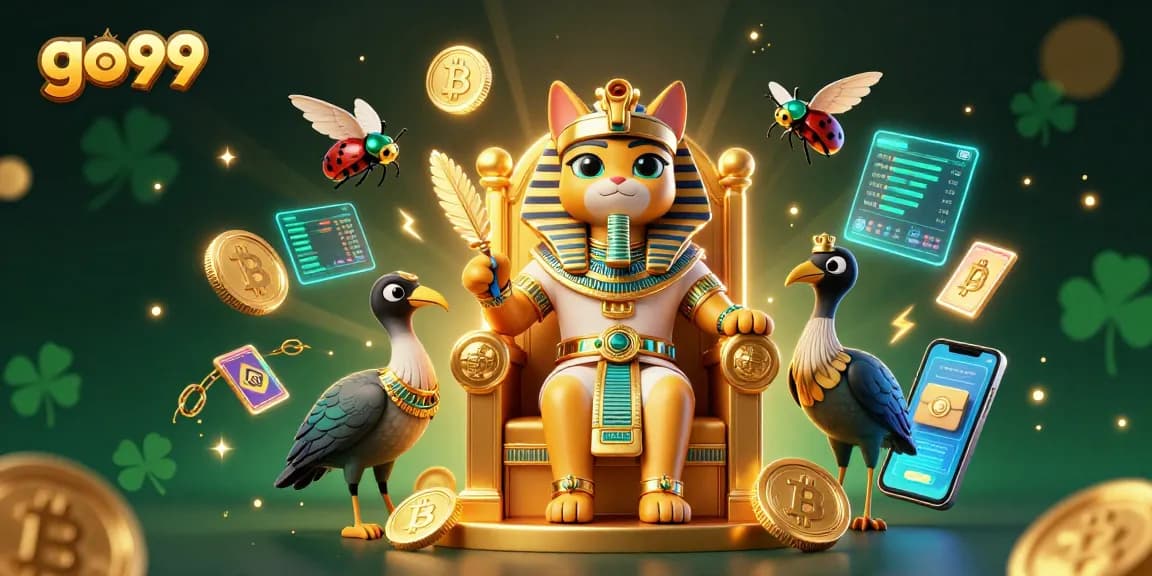 Join the excitement at go99! Experience thrilling games with golden pharaoh cat and floating crypto coins.