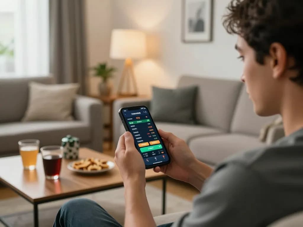 Engaged in mobile sports betting with hitclub app, cozy living room atmosphere and strategic focus.