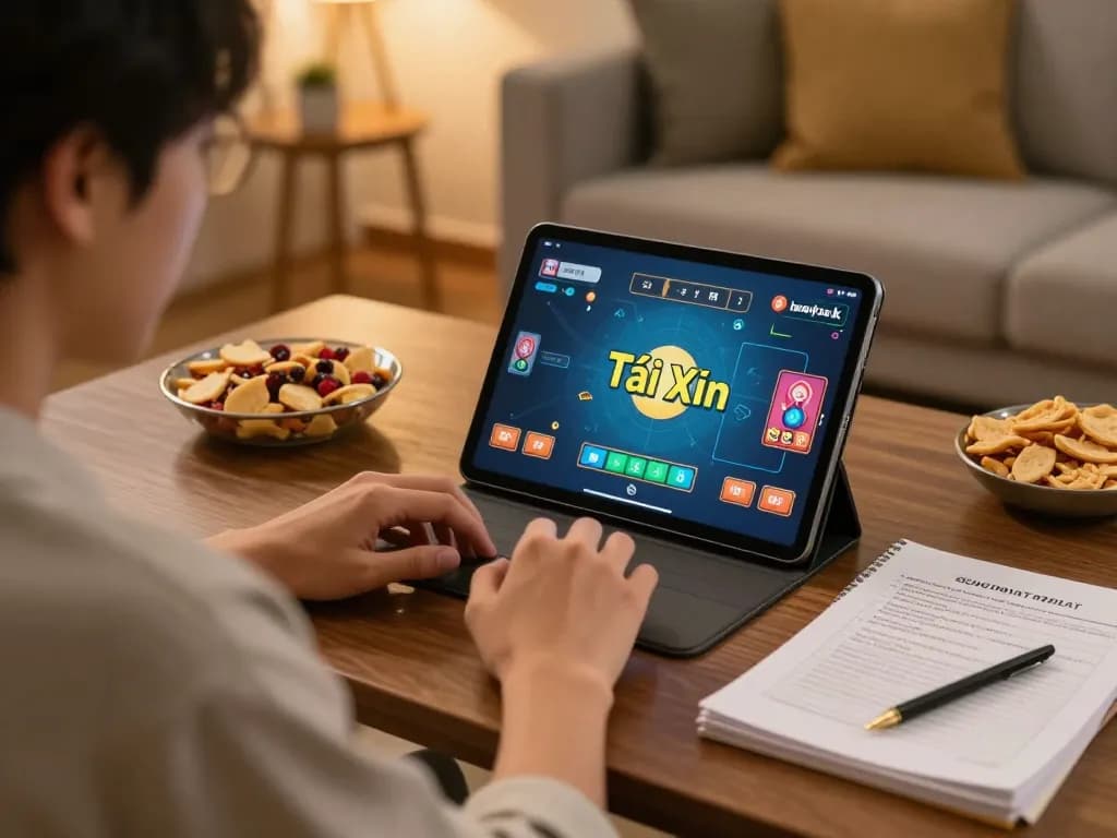 Engaged player enjoying Tài Xỉu online on a tablet, showcasing strategic gameplay in a cozy home setting