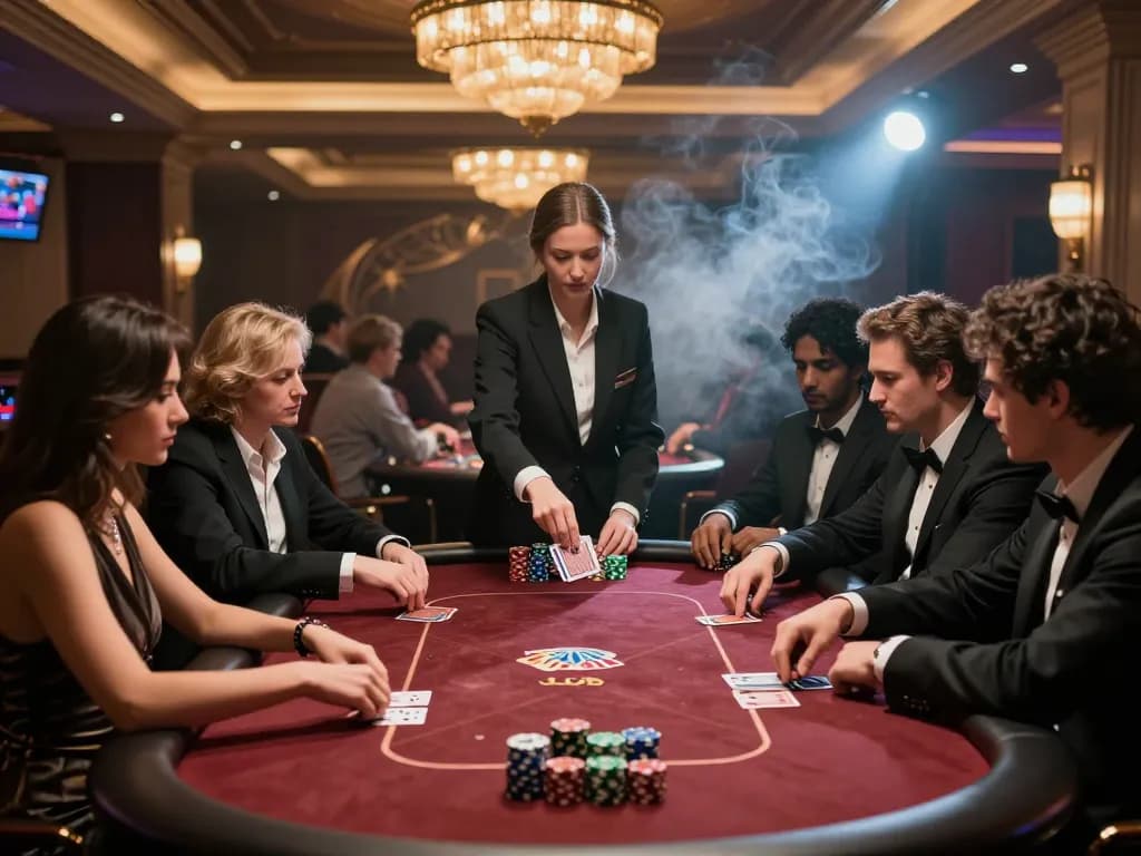 Players engaging in a high-stakes poker game at a casino featuring the 90P table, showcasing strategy and intensity in gameplay