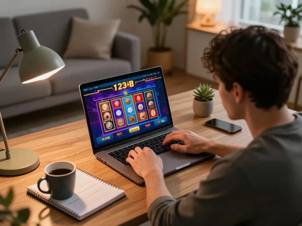 Player engaging in exciting online gaming at 123B casino, showcasing strategic notes and a warm living space.