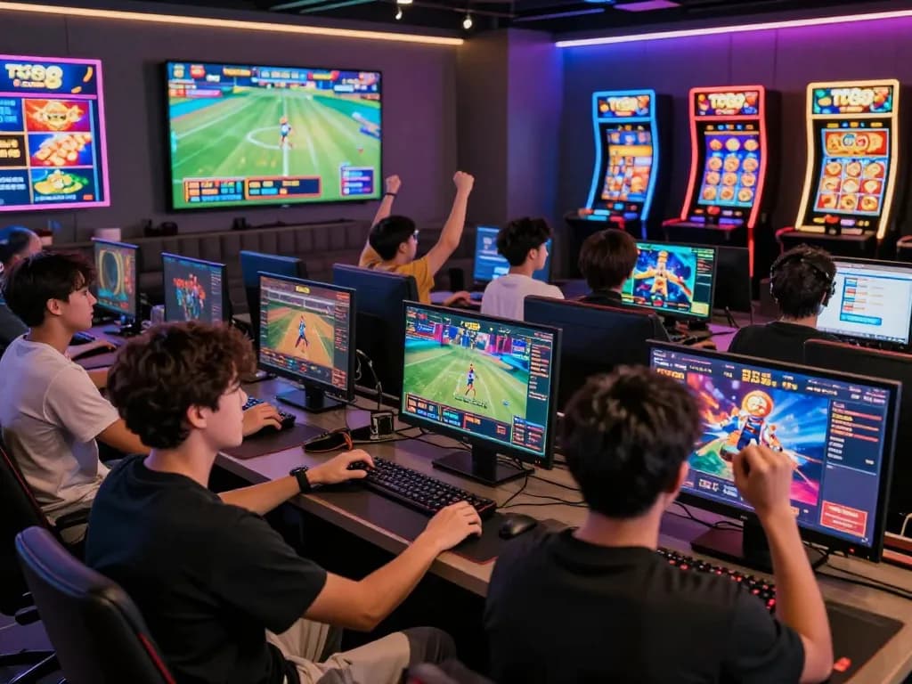 Diverse group of gamers enjoying TG88 COM games in a vibrant digital lounge, showcasing excitement and camaraderie.