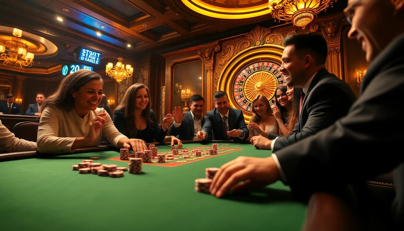 Players enjoying a high-stakes game at Nohu90's vibrant casino table, showcasing excitement.