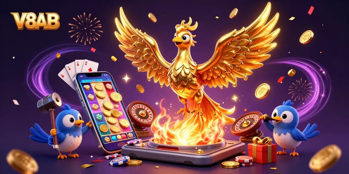 Experience the excitement of V8AB with a golden phoenix and gaming elements in a vibrant casino scene.