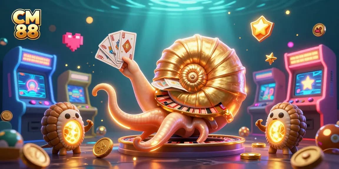 Join CM 88 in a vibrant 3D casino adventure with a glowing nautilus and arcade games.