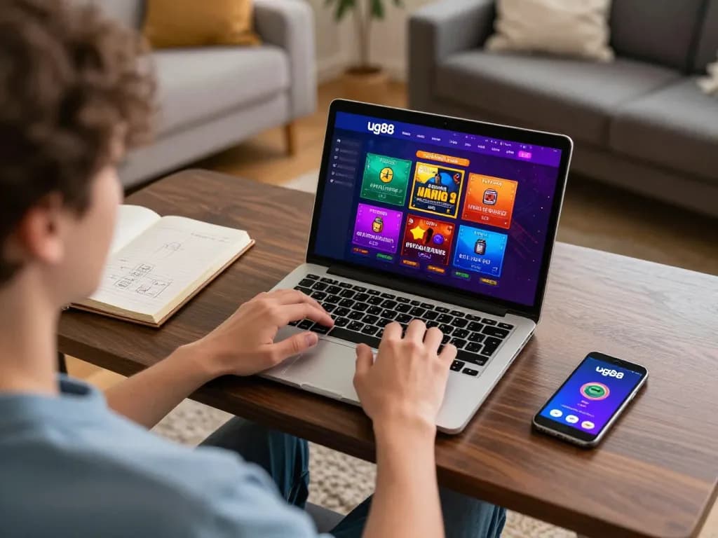 Player engaging with ug88 online gaming platform on laptop, showcasing vibrant betting options.