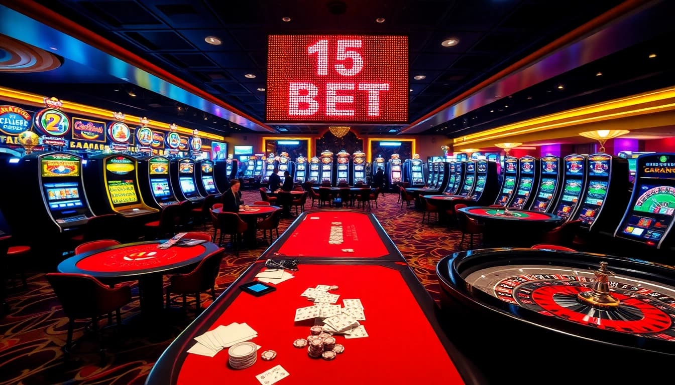 Experience the thrill of the 15 BET at an upscale casino, featuring vibrant tables and excited gamblers.