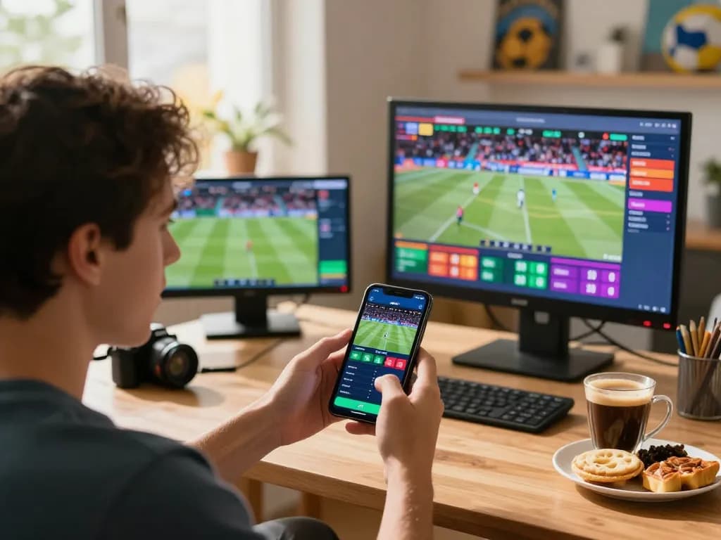 Engaging in live sports betting with 92slot app on smartphone, showcasing thrilling game day excitement.