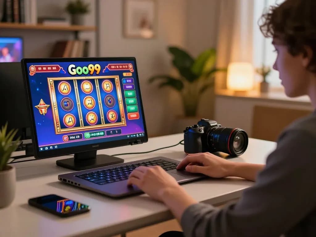 Player enjoying Go99 online casino game on laptop, showcasing vibrant gaming setup